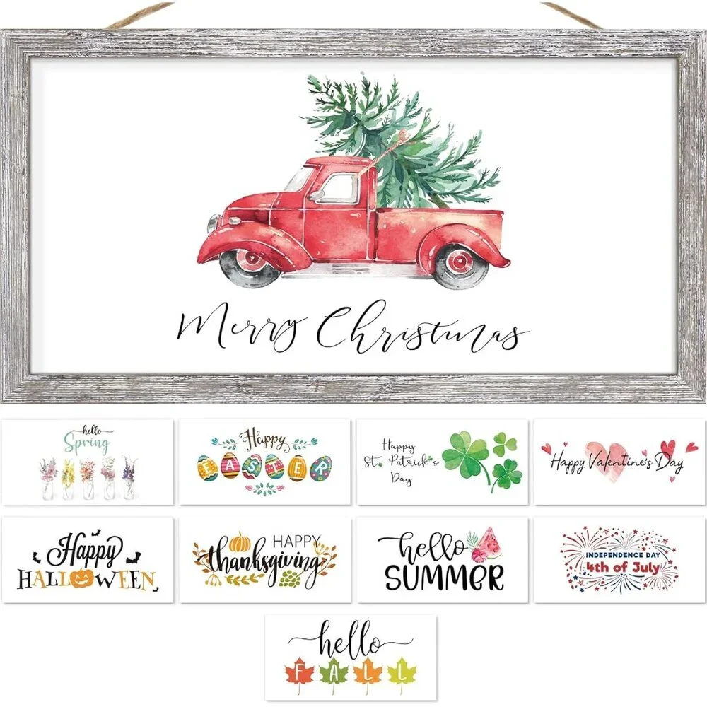 Charming 9x17 Rustic Wall Decor with 10 Interchangeable Sayings - Holiday Gift
